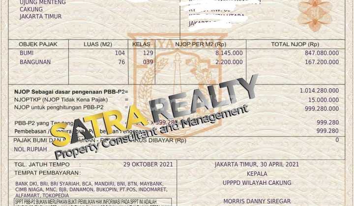 BUTUH CEPAT RUMAH DIBAWAH NJOP TAMAN MODERN CAKUNG