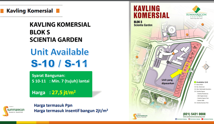 KAVLING KOMERSIAL BLOK S SCIENTIA GARDEN TINGGAL 2 UNIT  DI GADING SERPONG 1