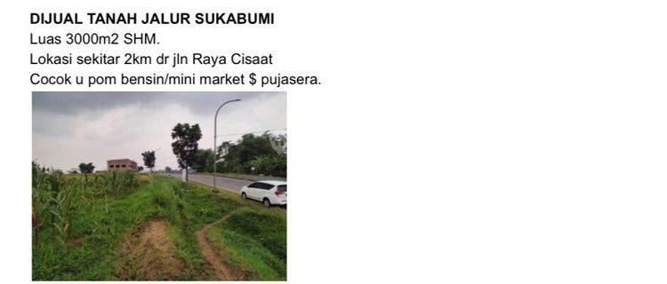 Tanah Luas Jalan Raya Sukabumi Dekat Akses Tol 1