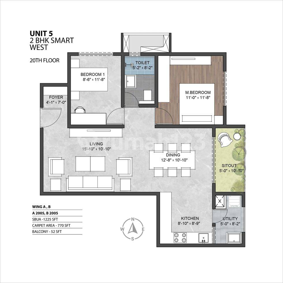 2 BHK Smart - SBUA 1225 - West Facing