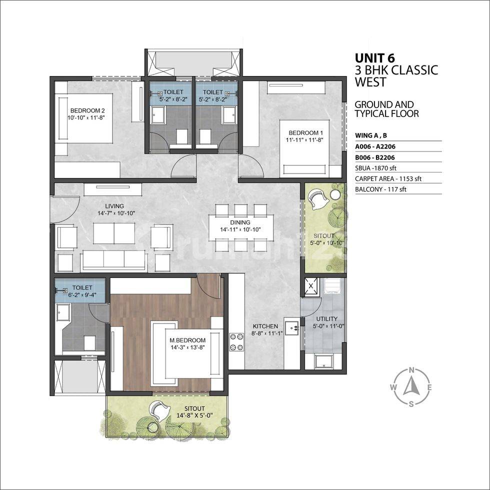 3 BHK Classic - SBUA 1870 - West Facing